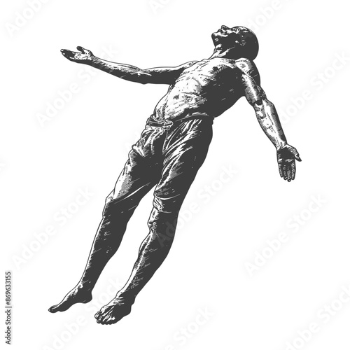 Engraving Style: Man in Trance, Head Back, Arms Open, Light from Above, White Background
