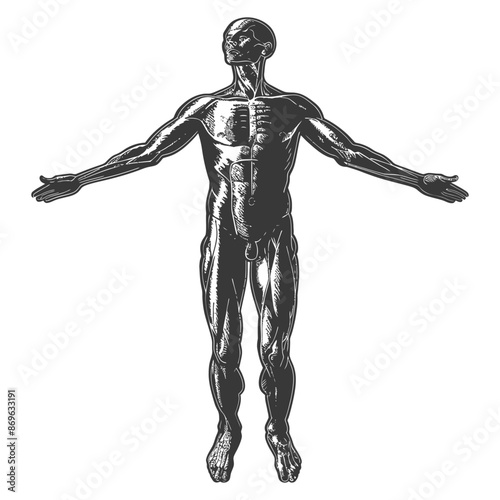 Anatomy Illustration: Stripped Muscle Man with Extended Arms, Engraving Style.