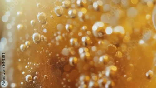 A closeup of a carbonated beverage showcases numerous bubbles rising in amber liquid. The image captures the effervescence, likely indicating a refreshing drink such as soda or beer. The warm photo