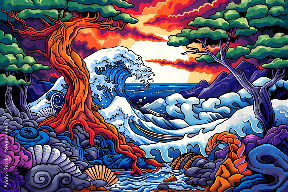 Obraz premium A painting of a wave crashing on a rocky shore with a tree in the foreground. The painting is full of vibrant colors and has a dreamy, almost surreal feel to it