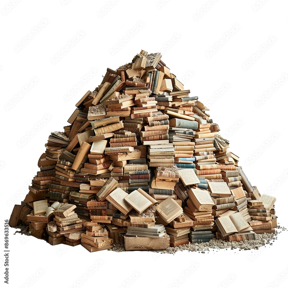 High-quality mountain of books on white background.