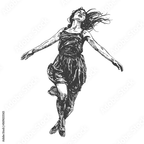 Floating Woman: Sketch of a carefree woman in a sundress, reaching for the sky.