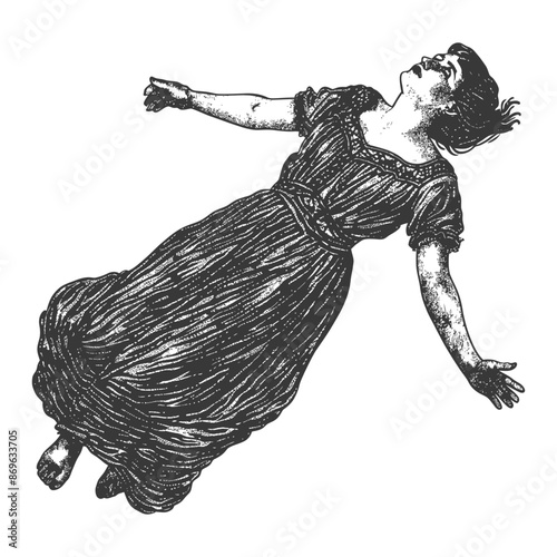 Gravitational Anomaly: Woman in Dress Aloft, Engraving Style.