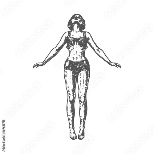Vintage Swimsuit Woman, Arms Outstretched, Looking Up, Engraving Style