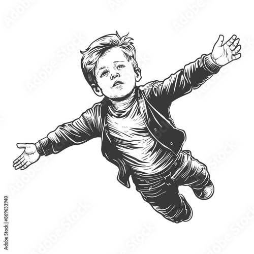 Sketch of Boy in Jacket with Open Arms, Looking Upward, Isolated on White.