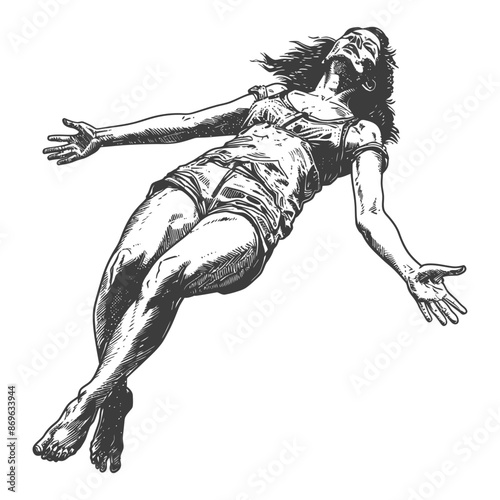 Etched Woman Floating, Arms Open, Free Spirit Concept.