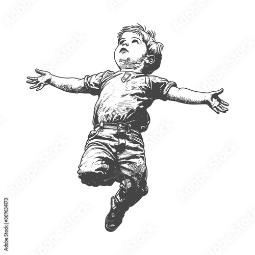 Engraved toddler leaps skyward, arms outstretched, innocent joy, vector illustration.