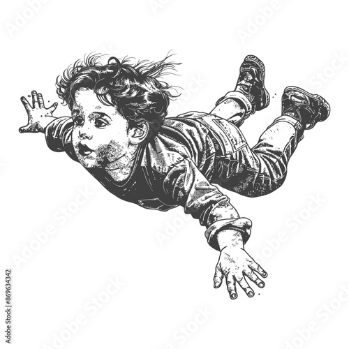 Ink Sketch: Flying Child, Wide-Eyed Wonder, Floating Against White, Adventure Dream.