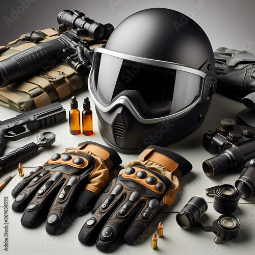 Protective Gear on Table Helmet Goggles and Gloves, Construction site health and safety concept. Ai generative photo