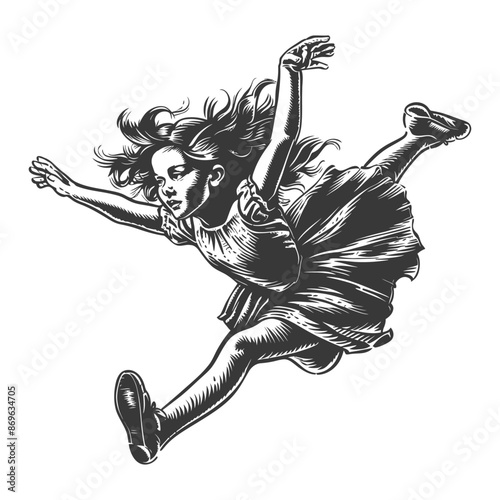 flying little girl with engraving style black color only