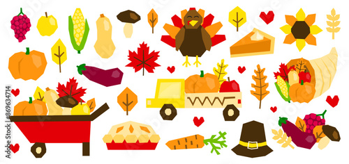 Set of cute paper cut thanksgiving icons isolated on white background. Seasonal autumn festival. Local vegetables from farm.
