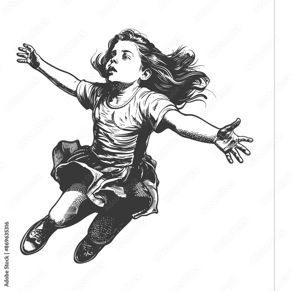 Fototapeta premium flying little girl with engraving style black color only
