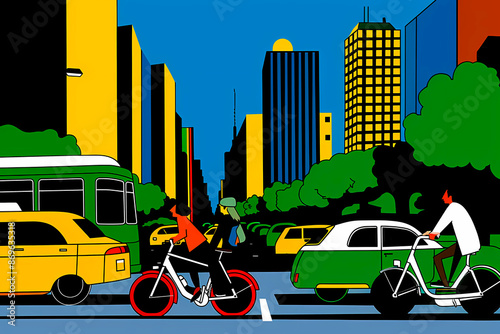 A vibrant, stylized illustration of a busy cityscape with vehicles and people riding bicycles, promoting urban commuting, sustainable transport, and environmental awareness.