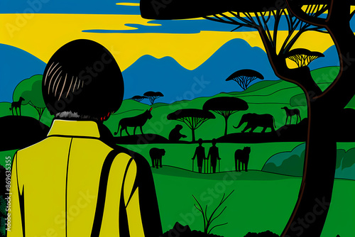 An individual with a backpack stands in the foreground observing a wide array of African wildlife including elephants, giraffes, and antelopes in a scenic landscape. photo