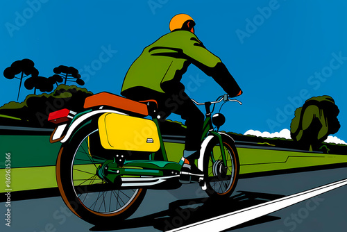 A figure wearing a helmet and green jacket rides a motorbike along a road in a beautiful countryside setting under a clear blue sky, conveying a sense of freedom and journey. photo