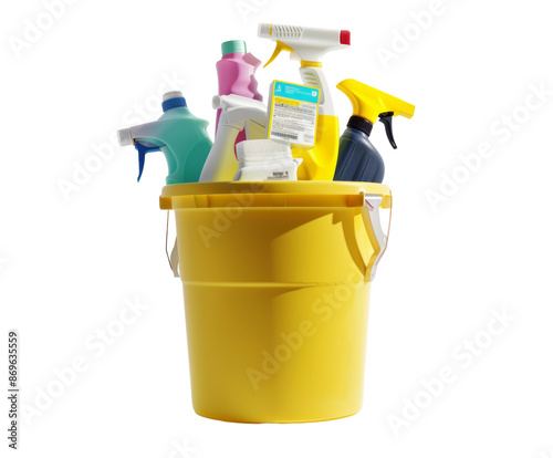 Assorted cleaning supplies in a yellow bucket, isolated on white.