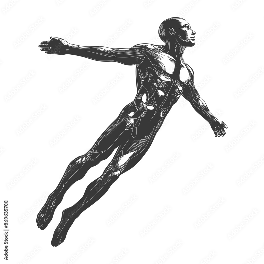 flying man with engraving style black color only flying man with engraving style black color only