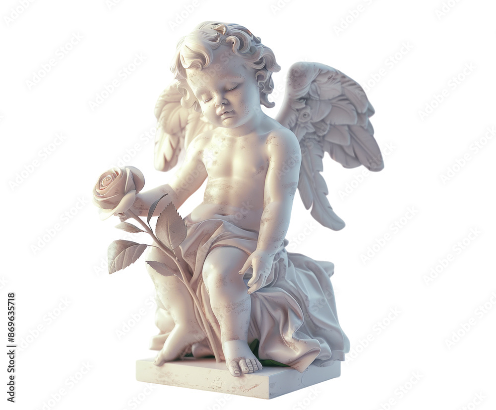 Fototapeta premium Cherub angel holding a rose, isolated on white.
