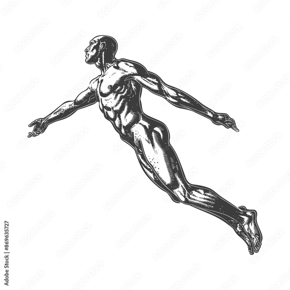 flying man with engraving style black color only flying man with engraving style black color only