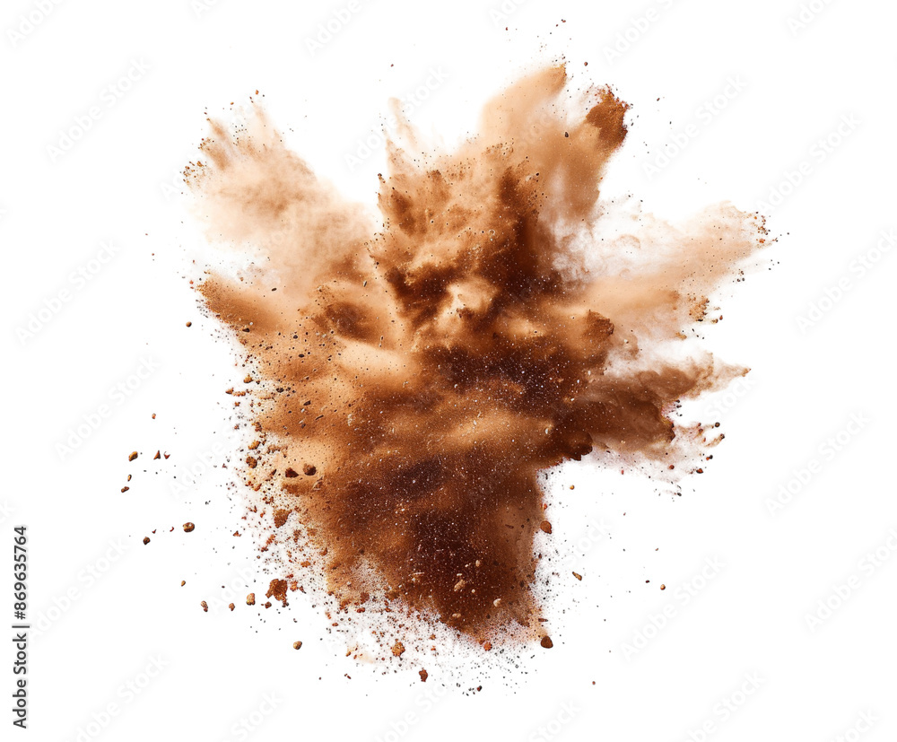 Brown dust explosion with cloud and particles, isolated on white. Brown dust explosion with cloud and particles, isolated on white.