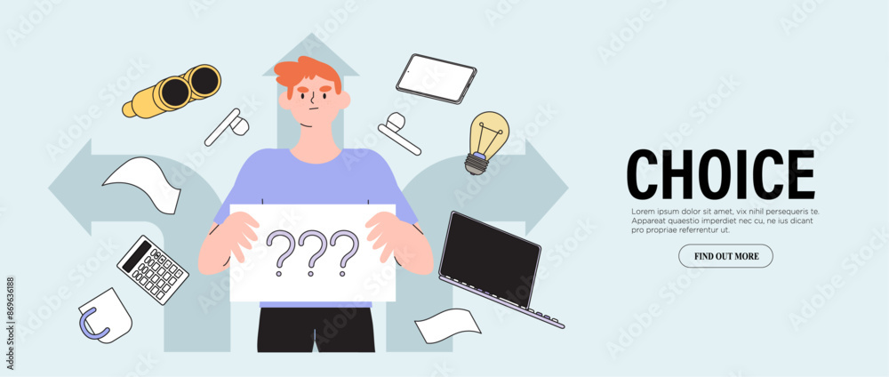 Confused teen student at crossroad sign hold question mark think which way to go vector illustration. Decision making, career or educational path, work direction. Choose right way to success concept.