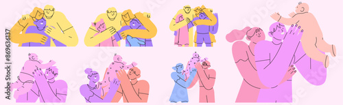 Happy family hug set. Parents and kids embrace with love, support. Mother, father, children spend time together. Bonding relationship concept. Flat vector illustration in simple abstract style.
