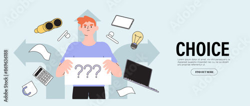 Confused teen student at crossroad sign hold question mark think which way to go vector illustration. Decision making, career or educational path, work direction. Choose right way to success concept.