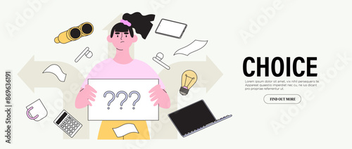 Confused student teen at crossroad sign hold question mark think which way to go vector illustration. Decision making, career or educational path, work direction. Choose right way to success concept.