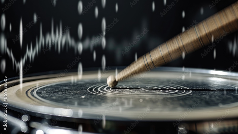 Obraz premium Drumstick striking drum head causing vibrations and sound waves