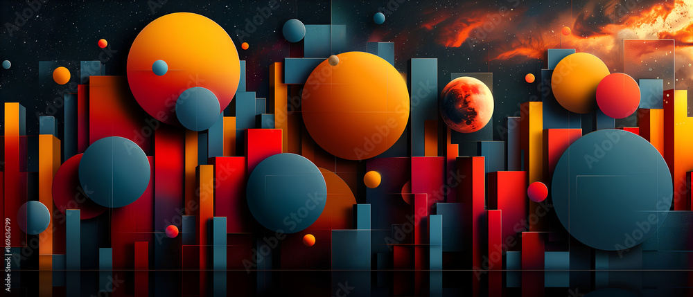 Vibrant Geometric Abstract Art with Spheres and Rectangles under a Starry Sky