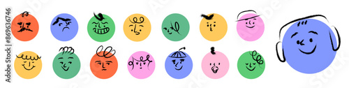 Round abstract comic faces design with different feelings and emotions. Crayon textured drawing. Different colorful characters in cartoon brush stroke style. Hand drawn trendy flat vector illustration