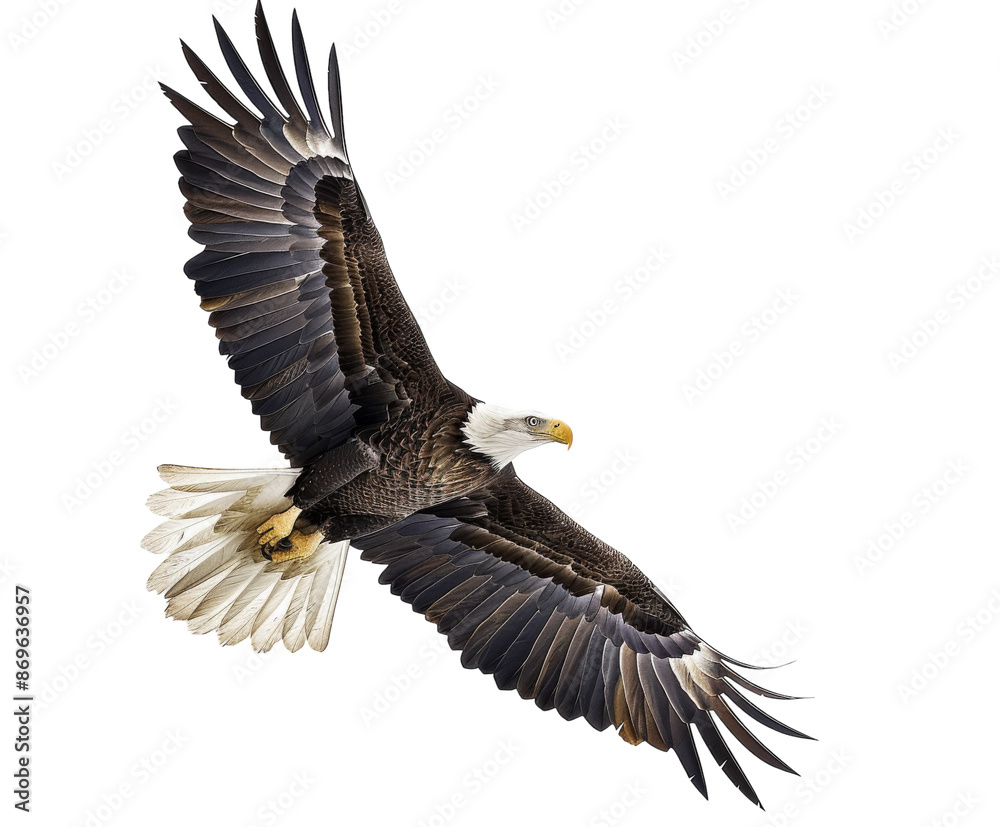 Obraz premium Bald eagle in flight with wings spread on white background..