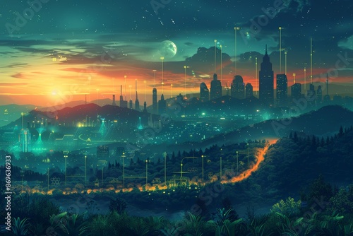 Night cityscape with futuristic buildings and digital data points overlaying, path light suggests progress and innovation towards a greener future, under a sky filled with stars, full moon.