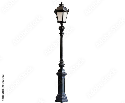Black street lamp post on white background..