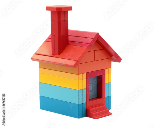 Colorful toy block house with red chimney on white background.. photo