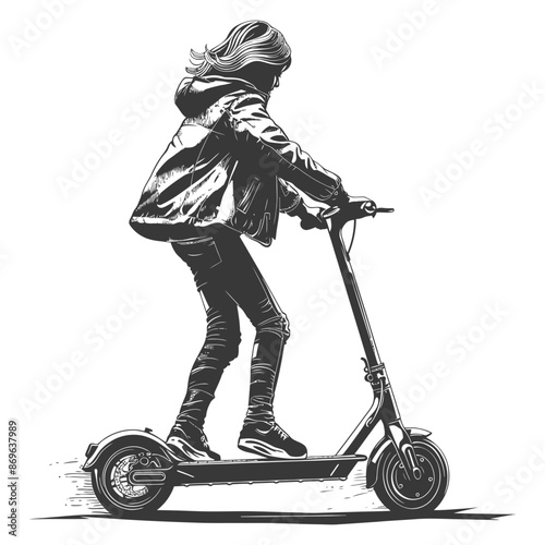 girl riding electric scooter with engraving style