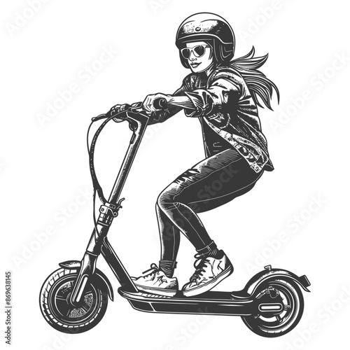 girl riding electric scooter with engraving style