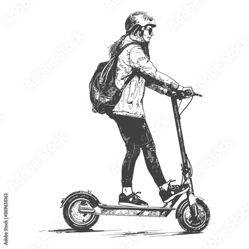 girl riding electric scooter with engraving style