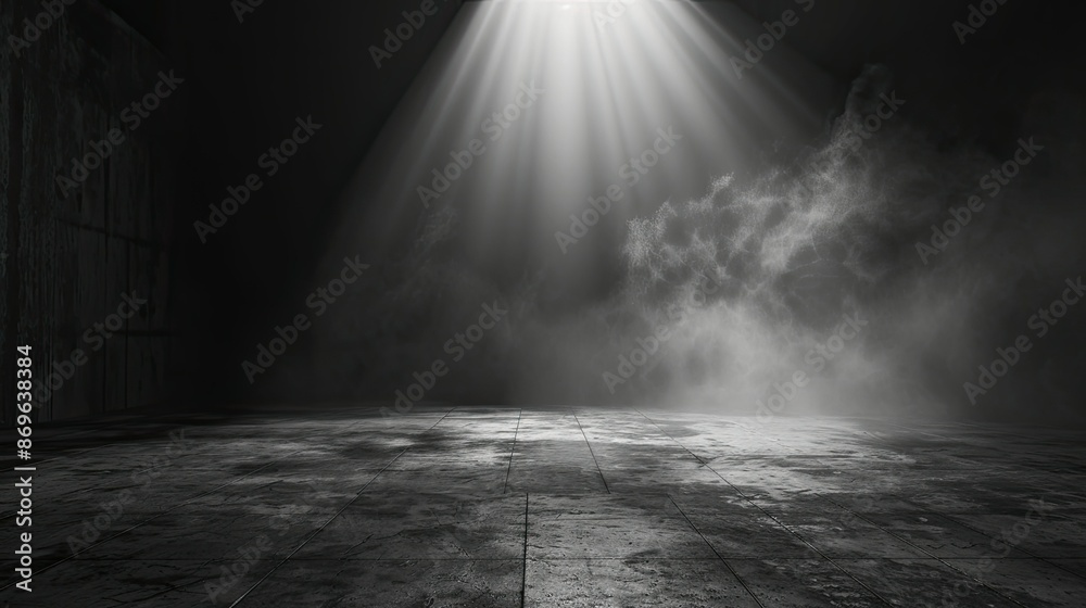Dark room with a grunge concrete floor and eerie fog under a single spotlight Dark room with a grunge concrete floor and eerie fog under a single spotlight