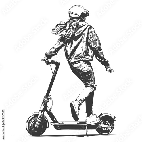 girl riding electric scooter with engraving style
