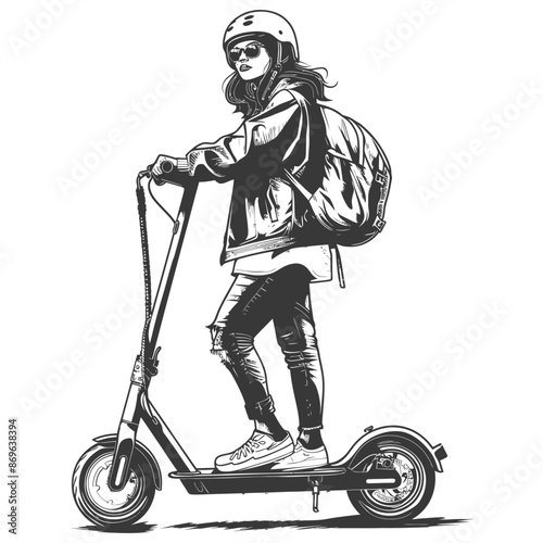girl riding electric scooter with engraving style