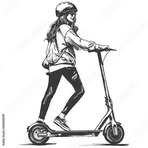 girl riding electric scooter with engraving style