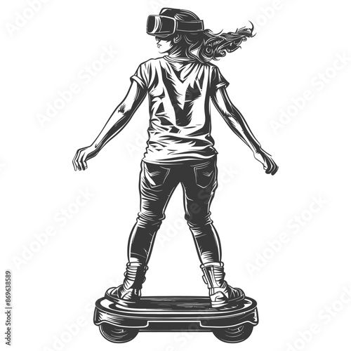 girl riding hoverboard with engraving style