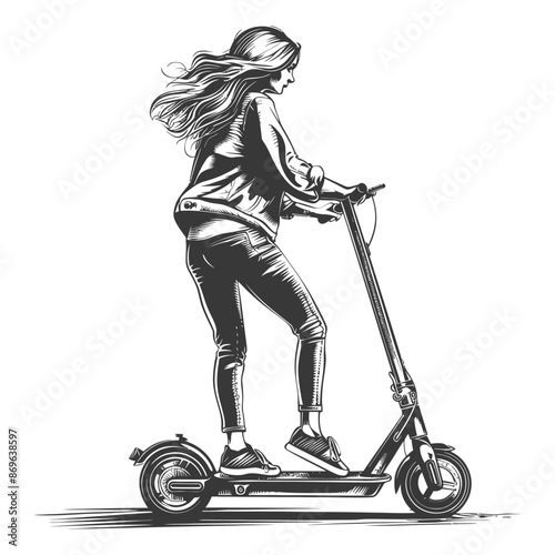 girl riding electric scooter with engraving style