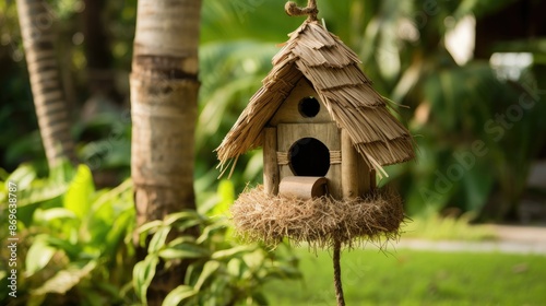 The birdhouse is made of wood and has an attached thatched roof