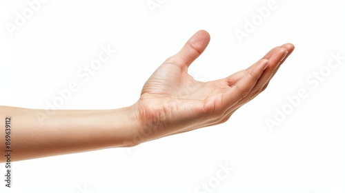 Female hand with open palm facing up, isolated on a white background