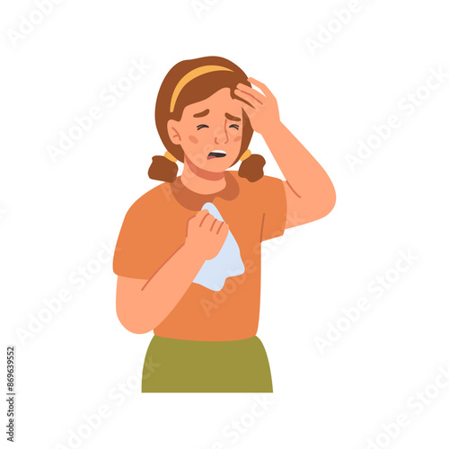 Girl with headache and fever, flu cold symptoms, high temperature, flat cartoon person feeling unwell. Child with virus influenza and respiratory illness, kid with unhealthy expression