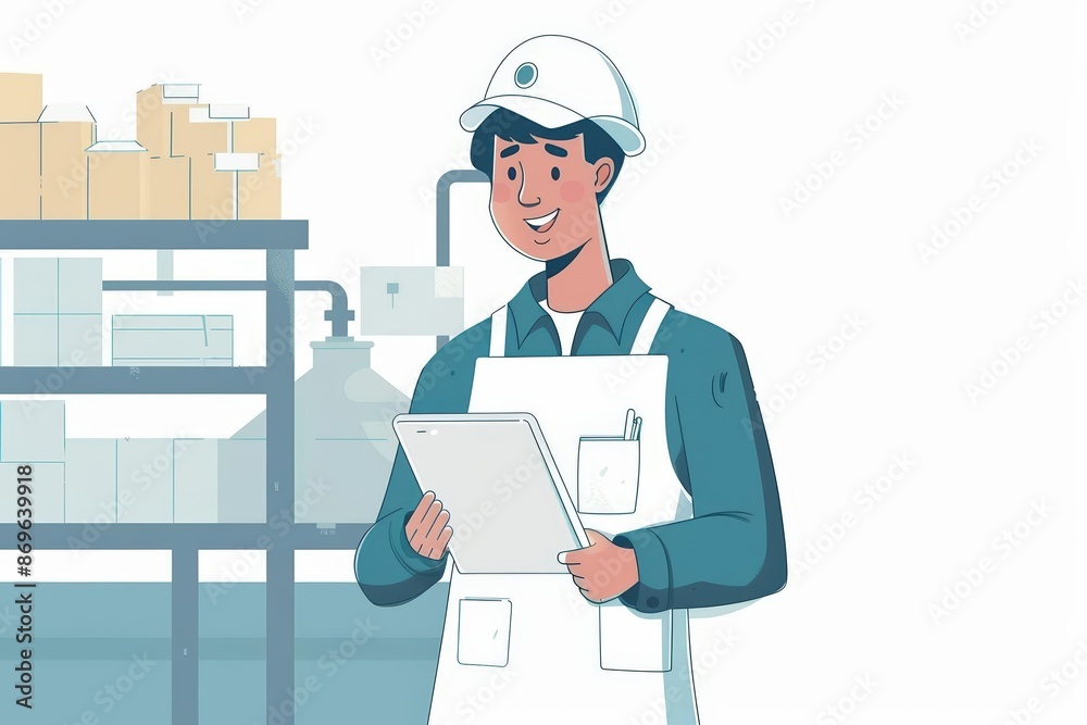 A cute cartoon Style ofA factory worker using a tablet to access digital work instructions A cute cartoon Style ofA factory worker using a tablet to access digital work instructions