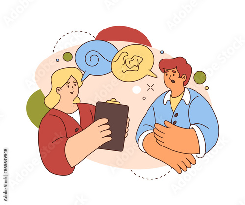 Drawing interpretation at psychologist session. Vector flat cartoon character looking at picture and telling accusations. Mental healthcare and wellbeing, help and assistance