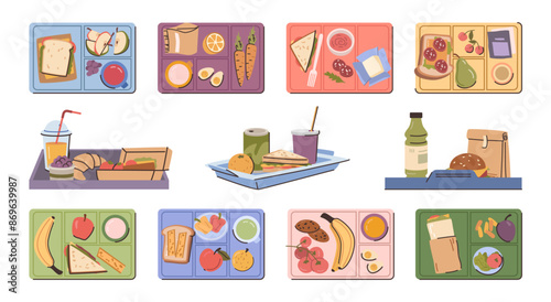 Lunchtime with meal and dishes, isolated food for lunch break at work or school. Vector set of trays with sandwiches and croissant, juice and soda, fresh vegetables and fruits, banana and tomatoes